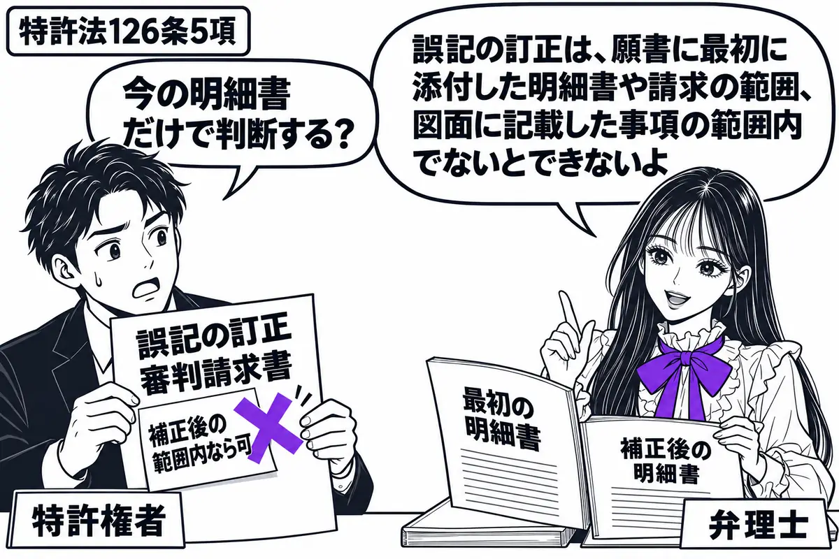 先生が弁理士役（札「弁理士」）で右の机。左に男性（札「特許権者」）が誤記の訂正審判請求書を持つ。机に最初の明細書と補正後の明細書を並べ、先生が最初の一冊を開く。請求書の付箋「補正後の範囲内なら可」にヴァイオレットの×印。先生の吹き出し「誤記