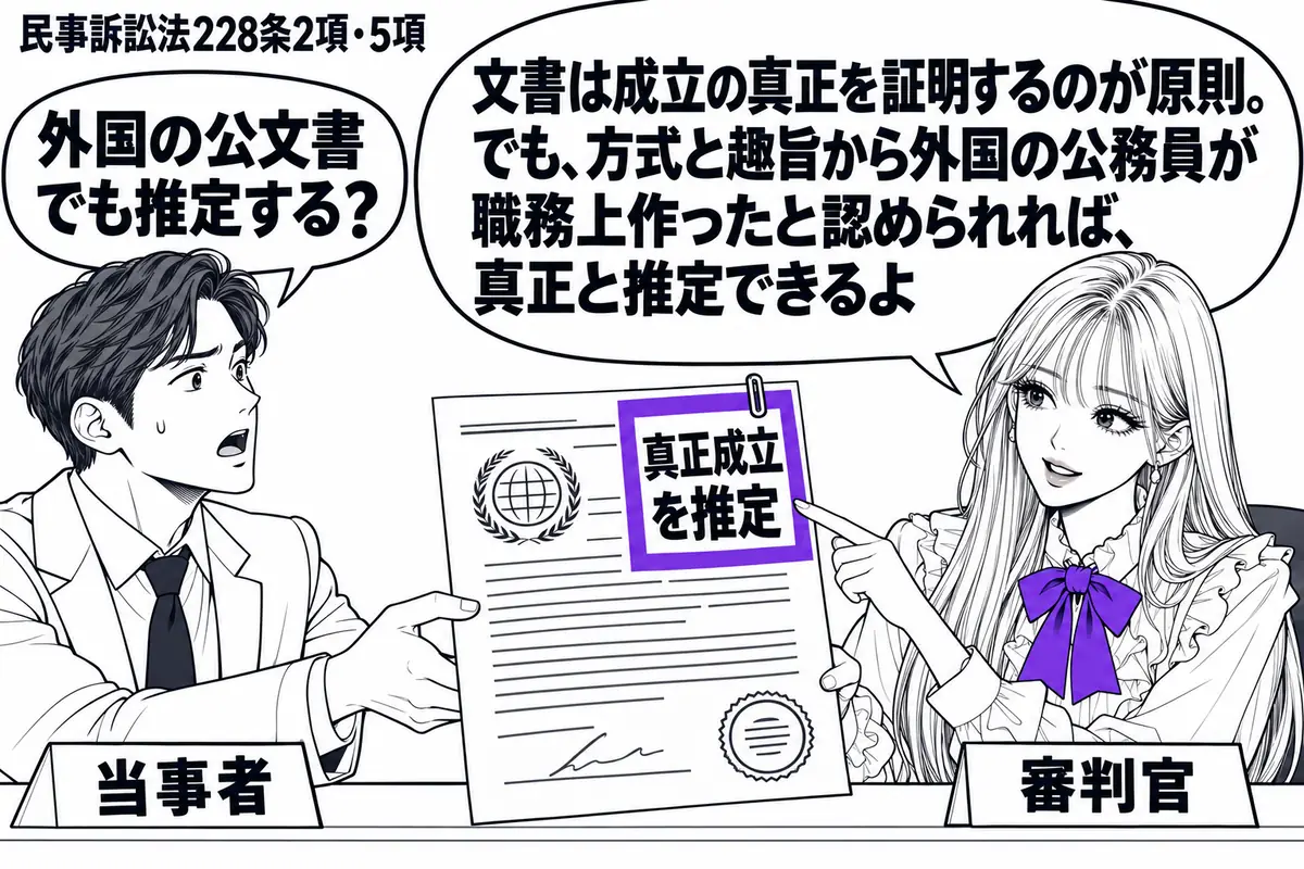 先生が右の証拠調べの机に座る審判官役（札「審判官」）。左の当事者（札「当事者」）が外国官庁の公文書を差し出す。先生はその様式と内容を確認し、書類に添えた付箋「真正成立を推定」をヴァイオレットの枠で囲む。先生の吹き出し「文書は成立の真正を証明