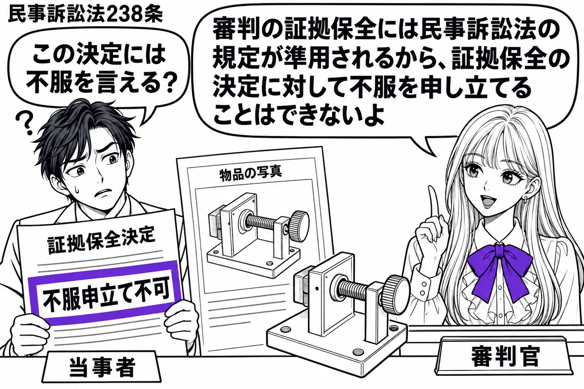 先生が右の審判机に座る審判官役（札「審判官」）。左の当事者（札「当事者」）が「証拠保全決定」の書類を両手で持ち、首をかしげる。中央には保全対象の製品写真と試料を置き、決定書の付箋「不服申立て不可」をヴァイオレットの枠で囲む。先生の吹き出し「