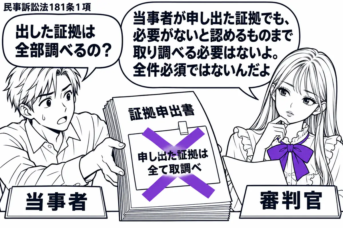 先生が審判官役（札「審判官」）で右に座る。左に男性（札「当事者」）が証拠申出書と分厚い資料の束を差し出す。先生は資料を見て首をかしげ、必要性を見極める様子。申出書に貼った「申し出た証拠は全て取調べ」の付箋に大きなヴァイオレットの×印。先生の