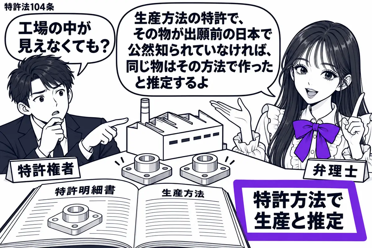 先生が弁理士役(札「弁理士」)で右の机。左に男性(札「特許権者」)。中央に生産方法の特許明細書を開き、その製法で作った部品と相手製品の同一の部品を並べる。横には中の工程が見えない工場の模型。付箋「特許方法で生産と推定」をヴァイオレットの枠で