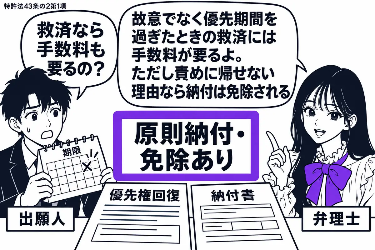 先生が右の相談机にいる弁理士役(札「弁理士」)。左に期限を過ぎた暦を持つ男性(札「出願人」)。中央に「優先権回復」の手続書類と納付書を並べ、書類の付箋「原則納付・免除あり」をヴァイオレットの枠で囲む。先生の吹き出し「故意でなく優先期間を過ぎ