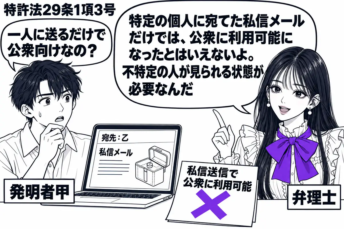 先生が右の相談役(札「弁理士」)。左にパソコンを開いた男性(札「発明者甲」)。画面に宛先「乙」の私信メールと発明の図を表示し、机の付箋「私信送信で公衆に利用可能」にヴァイオレットの×印。先生の吹き出し「特定の個人に宛てた私信メールだけでは、