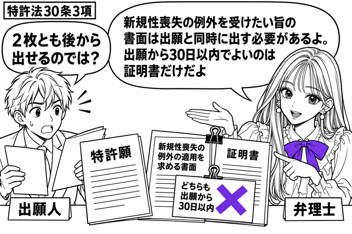 先生が弁理士役(札「弁理士」)で右の机。左の男性(札「出願人」)が特許願と新規性喪失の例外の適用を求める書面、証明書を広げる。2枚の書面をまとめたクリップに「どちらも出願から30日以内」の付箋を挟み、そこにヴァイオレットの×印。先生の吹き出