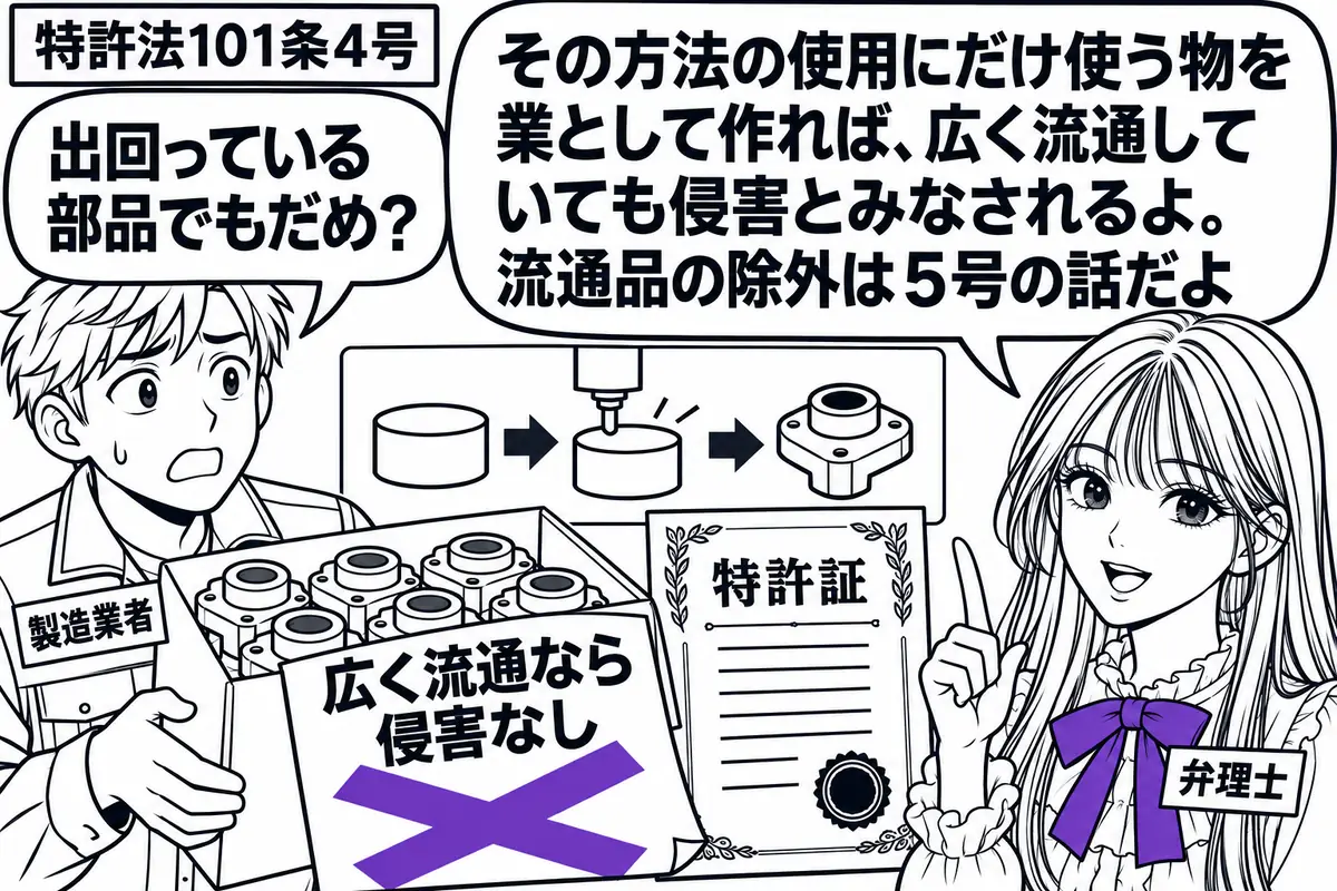 先生が弁理士役(札「弁理士」)で右側。左に専用部品の箱を抱えた男性(札「製造業者」)、中央に方法の工程図と「特許証」を置く。箱には同じ部品が並び、添えた「広く流通なら侵害なし」の付箋に大きなヴァイオレットの×印。先生の吹き出し「その方法の使