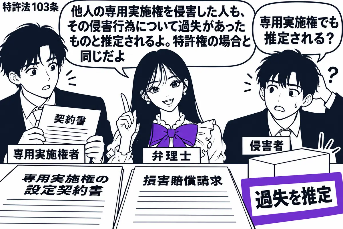 先生が弁理士役(札「弁理士」)で中央に立つ。左に契約書を持つ男性(札「専用実施権者」)、右に侵害品を前に戸惑う男性(札「侵害者」)。机には専用実施権の設定契約書と損害賠償請求の書類。侵害品の横の「過失を推定」の付箋をヴァイオレットの枠で囲む