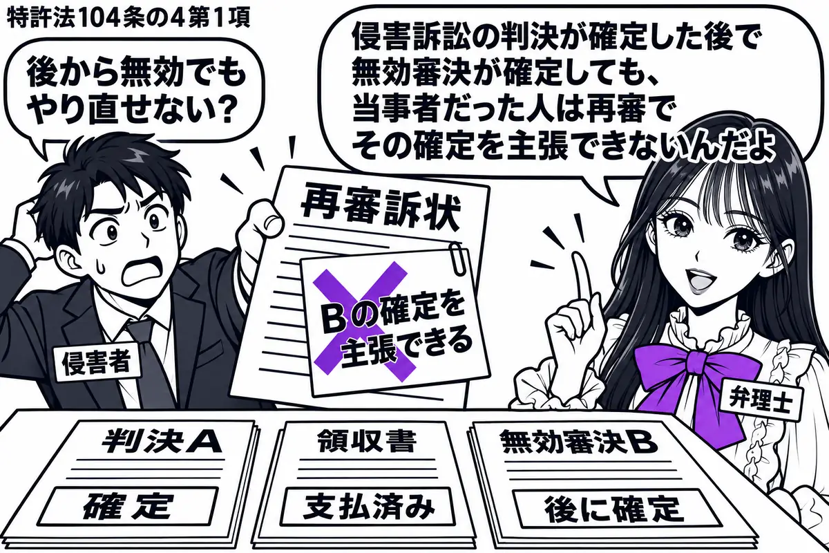 先生が弁理士役(札「弁理士」)で右側。左の男性(札「侵害者」)が「再審訴状」を差し出す。机には確定した「判決A」、支払済みの領収書、後に確定した「無効審決B」を順に置く。訴状の「Bの確定を主張できる」の付箋にヴァイオレットの×印。先生の吹き