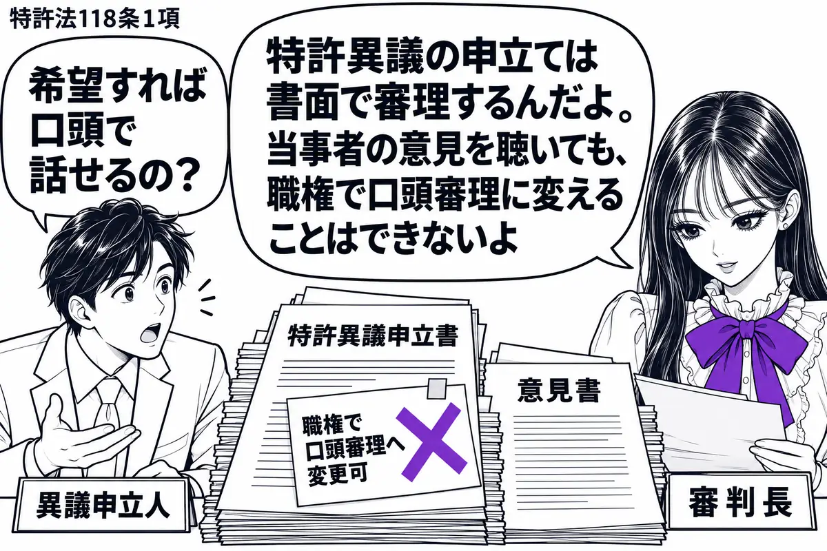 先生が審判長役(札「審判長」)で机の右。左に口を開いて説明しようとする男性(札「異議申立人」)。中央に「特許異議申立書」と意見書を積み、先生は書面に目を落としている。申立書の「職権で口頭審理へ変更可」の付箋にヴァイオレットの×印。先生の吹き