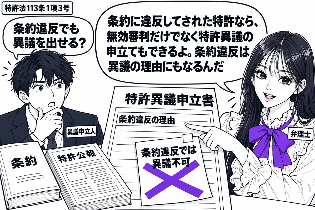 先生が弁理士役(札「弁理士」)で右側。左の男性(札「異議申立人」)が条約の冊子と特許公報を机に広げる。中央の「特許異議申立書」には条約違反の理由欄があり、貼られた「条約違反では異議不可」の付箋にヴァイオレットの×印。先生は理由欄を指して説明