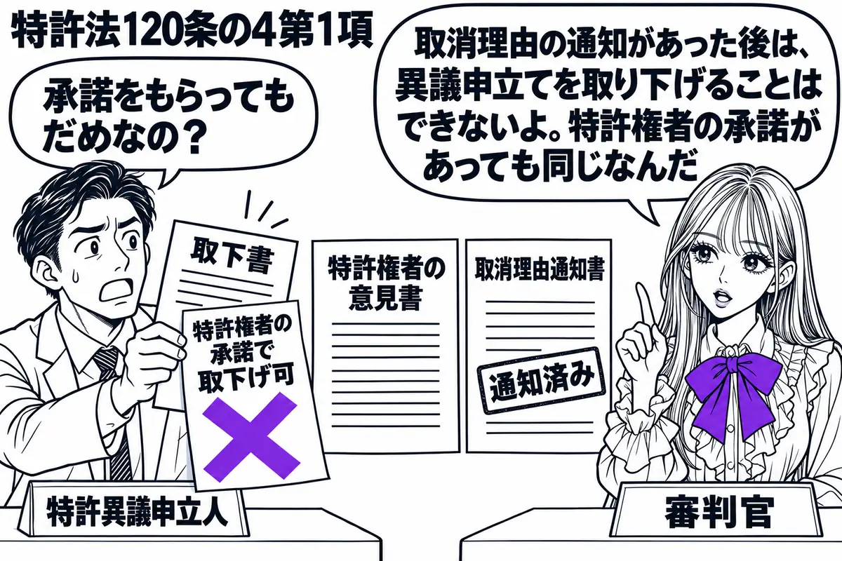 先生が審判官役(札「審判官」)で右の机。左に男性(札「特許異議申立人」)、中央に特許権者の意見書と通知済みの取消理由通知書を並べる。男性が差し出す取下書の「特許権者の承諾で取下げ可」の付箋にヴァイオレットの×印。先生の吹き出し「取消理由の通