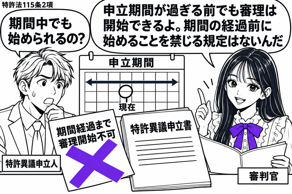 先生が審判官役(札「審判官」)で机の右。左に申立書を抱えた男性(札「特許異議申立人」)、中央に「特許異議申立書」と申立期間の途中を示すカレンダー。男性が置いた「期間経過まで審理開始不可」の付箋に大きなヴァイオレットの×印。先生は申立書を開い