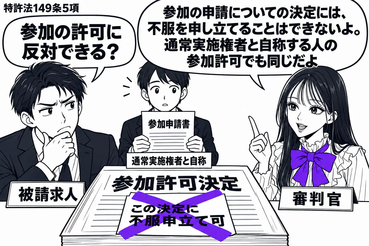 先生が審判官役（札「審判官」）で机の右。左に不満顔の男性（札「被請求人」）、奥に参加申請書を持つ人物（札「通常実施権者と自称」）。机の「参加許可決定」に男性が貼った「この決定に不服申立て可」の付箋へ大きなヴァイオレットの×印。先生の吹き出し