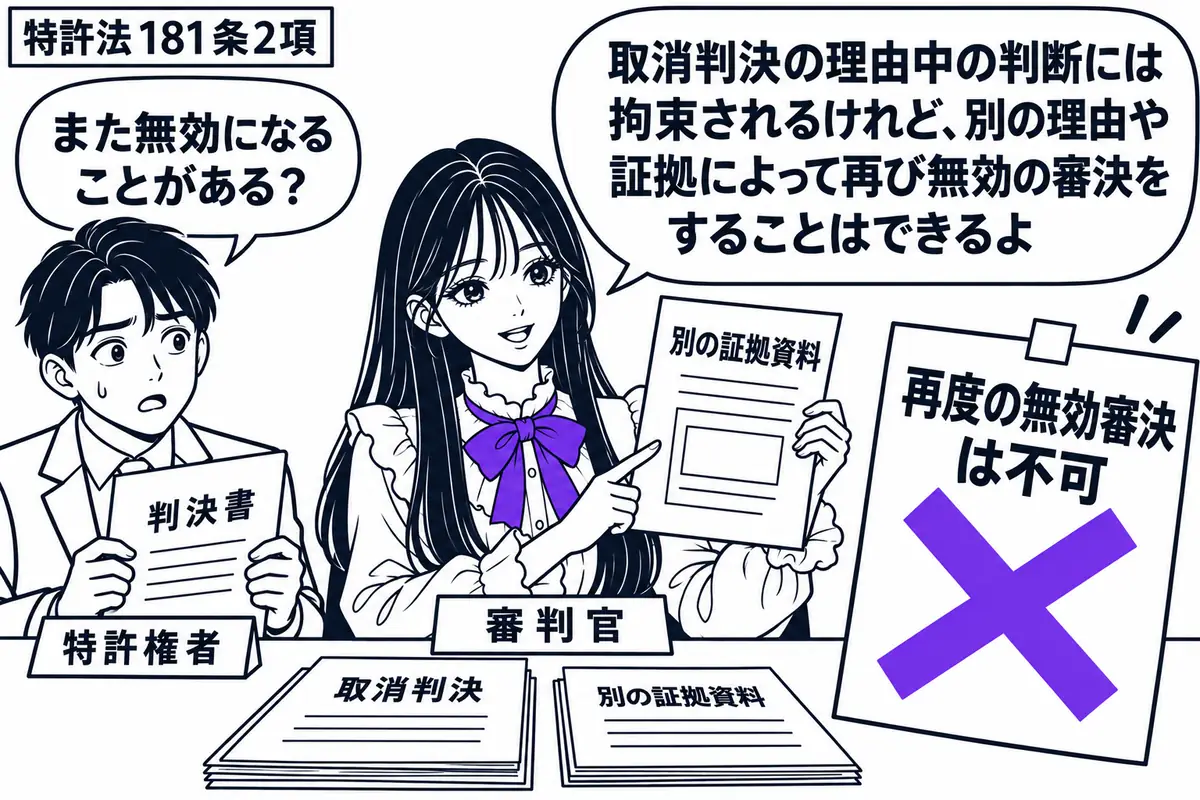 先生が審判官役（札「審判官」）で中央の机に座る。左に判決書を持つ男性（札「特許権者」）。机に「取消判決」と別の証拠資料を並べ、男性の「再度の無効審決は不可」という付箋に大きなヴァイオレットの×印。先生は別の証拠資料を手に取る。先生の吹き出し