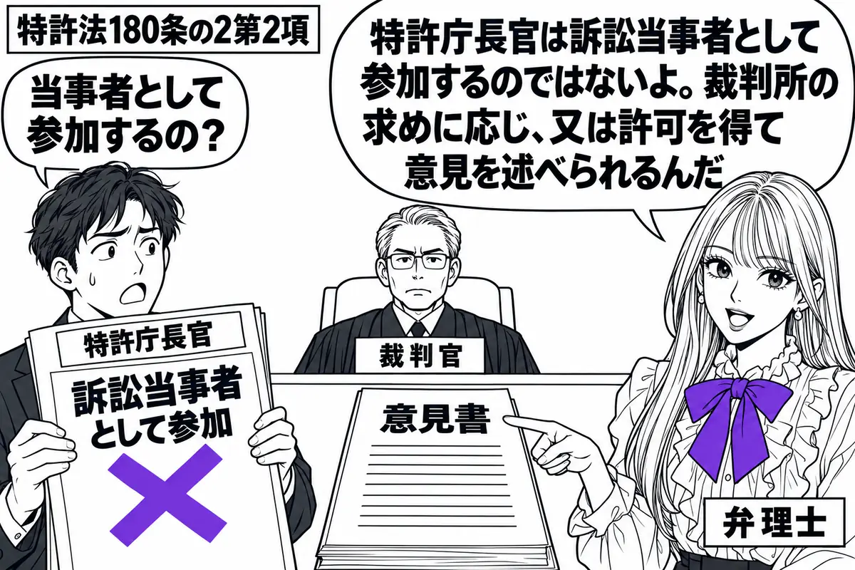 先生が弁理士役（札「弁理士」）で右。中央に法廷の机と「意見書」、左に書類を持つ男性（札「特許庁長官」）、奥に裁判官。男性の書類にある「訴訟当事者として参加」の付箋に大きなヴァイオレットの×印。先生は意見書を指して説明する。先生の吹き出し「特
