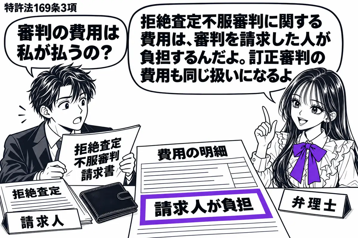先生が弁理士役（札「弁理士」）で右の相談机。左の男性（札「請求人」）が拒絶査定の書類を脇に置き、「拒絶査定不服審判請求書」を開いている。中央に財布と費用の明細を並べ、明細の「請求人が負担」の欄をヴァイオレットの枠で囲む。先生の吹き出し「拒絶