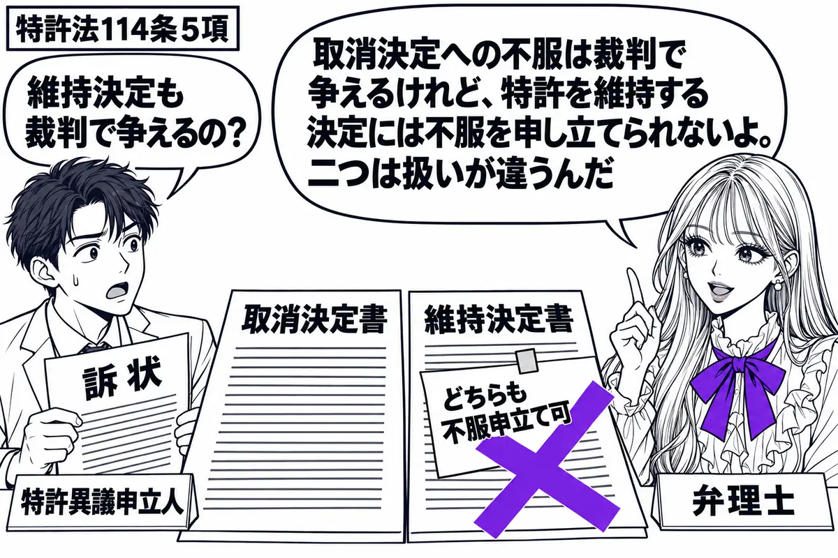 先生が右の相談机に座る弁理士役(札「弁理士」)。左に訴状を持つ男性(札「特許異議申立人」)。机には取消決定書と維持決定書を並べる。男性が維持決定書に貼った「どちらも不服申立て可」の付箋に大きなヴァイオレットの×印。先生の吹き出し「取消決定へ
