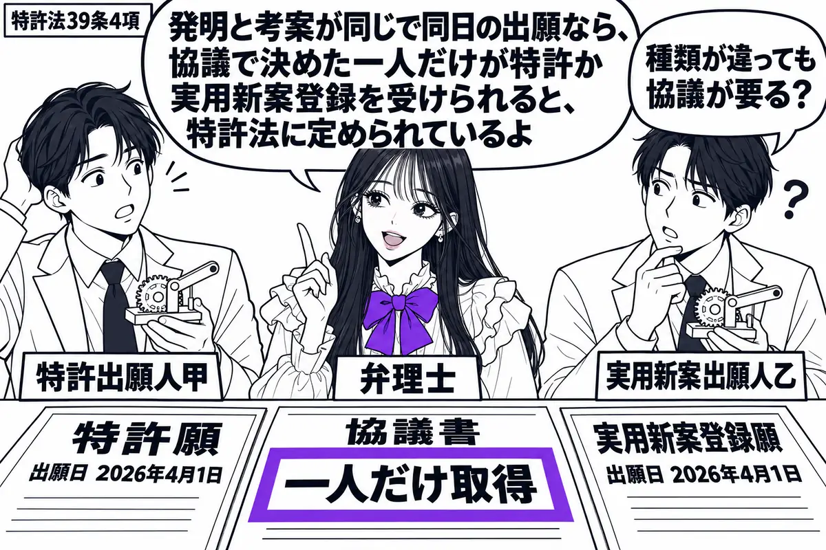 先生が中央の相談机に座る弁理士役(札「弁理士」)。左右に同じ機構の模型を持つ二人(札「特許出願人甲」「実用新案出願人乙」)。机に同じ日付の願書二枚と協議書を置き、協議書の「一人だけ取得」をヴァイオレットの枠で囲む。先生の吹き出し「発明と考案
