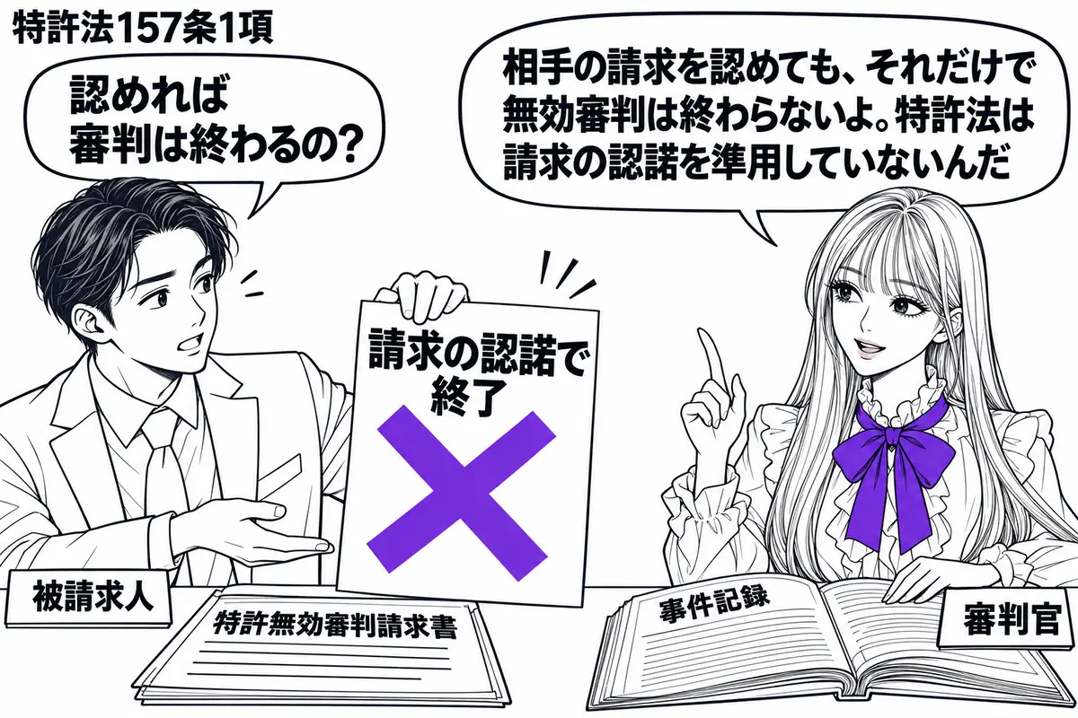 先生が机の右に座る審判官役（札「審判官」）。左の男性（札「被請求人」）が、特許無効審判の請求書を前にうなずいている。男性が差し出す「請求の認諾で終了」の付箋に、大きなヴァイオレットの×印。先生は開いた事件記録を手元に置く。先生の吹き出し「相