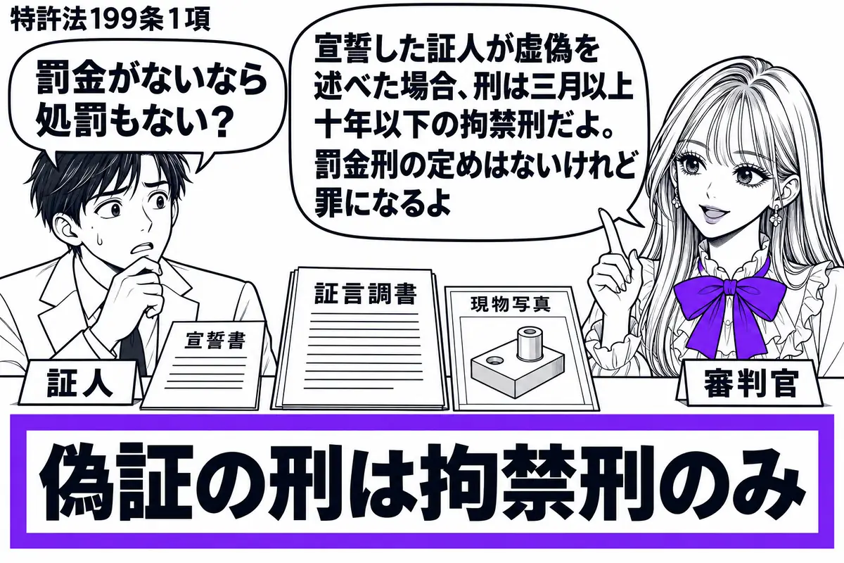 先生が口頭審理の席の右にいる審判官役（札「審判官」）。左に宣誓書を置いた男性（札「証人」）、机の中央に食い違う証言調書と現物写真。「偽証の刑は拘禁刑のみ」の札をヴァイオレットの枠で囲む。先生の吹き出し「宣誓した証人が虚偽を述べた場合、刑は三