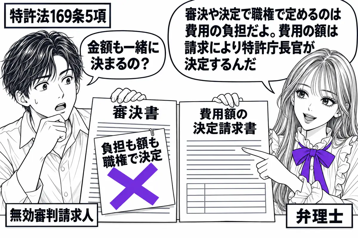 先生が弁理士役（札「弁理士」）で右の相談机。左の男性（札「無効審判請求人」）が審決書と費用額の決定請求書を並べる。審決書に貼った「負担も額も職権で決定」の付箋に大きなヴァイオレットの×印。先生は決定請求書を指して説明する。先生の吹き出し「審