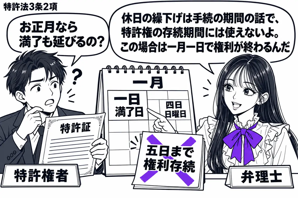 先生が机の右にいる弁理士役(札「弁理士」)。左の男性(札「特許権者」)が特許証と一月の暦を広げる。暦には一日の満了日と四日の日曜日が見え、「五日まで権利存続」の付箋にヴァイオレットの×印。先生の吹き出し「休日の繰下げは手続の期間の話で、特許