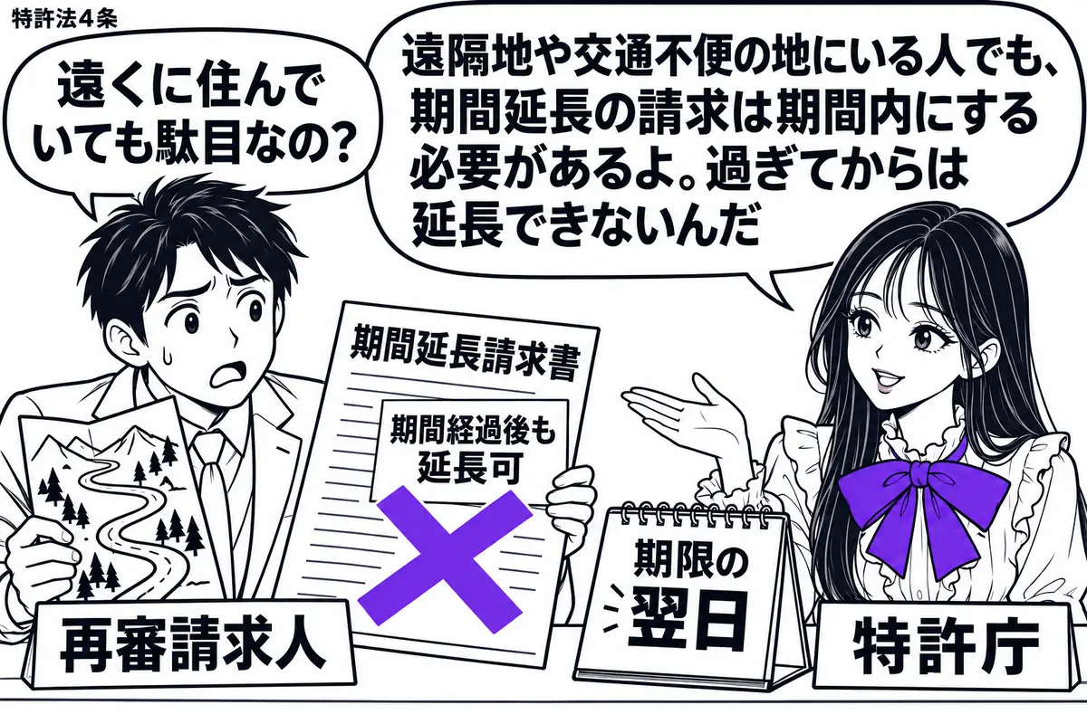 先生が受付机の右にいる特許庁の担当者役(札「特許庁」)。左の男性(札「再審請求人」)が、山道の描かれた地図と期間延長請求書を差し出す。机の暦は期限の翌日で、書類の「期間経過後も延長可」の付箋にヴァイオレットの×印。先生の吹き出し「遠隔地や交