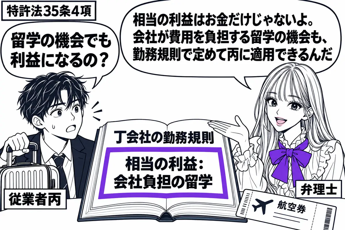 先生が右の相談役(札「弁理士」)。左に旅行かばんを持つ男性(札「従業者丙」)。中央の机に「丁会社の勤務規則」を開き、条項「相当の利益:会社負担の留学」をヴァイオレットの枠で囲む。そばに航空券を置く。先生の吹き出し「相当の利益はお金だけじゃな