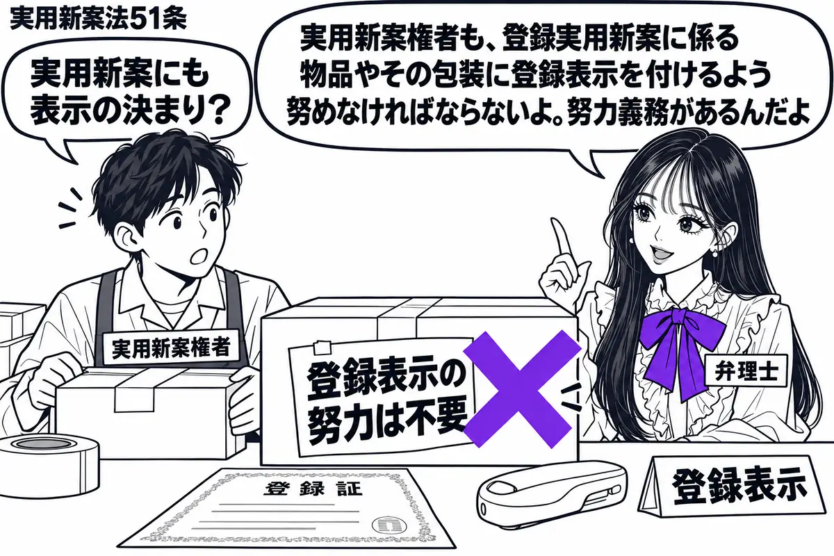 先生が弁理士役(札「弁理士」)で右に立つ。左に包装作業中の男性(札「実用新案権者」)。机に登録証と登録実用新案に係る物品、表示用のラベルを置く。包装箱に貼った「登録表示の努力は不要」の付箋へヴァイオレットの×印。先生の吹き出し「実用新案権者