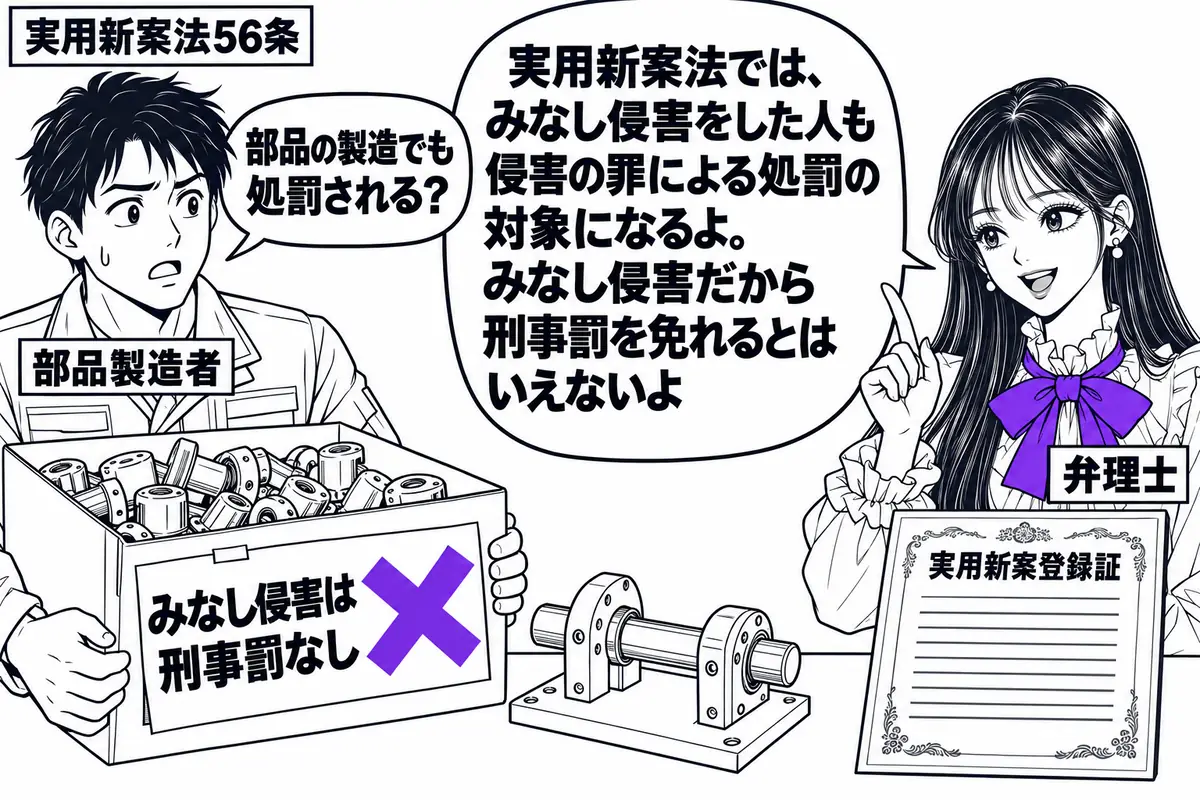 先生が弁理士役(札「弁理士」)で右に立つ。左に専用部品の箱を抱える男性(札「部品製造者」)。机に実用新案登録証と、その部品だけで組み立てる物品の模型を置く。箱に貼った「みなし侵害は刑事罰なし」の付箋にヴァイオレットの×印。先生の吹き出し「実