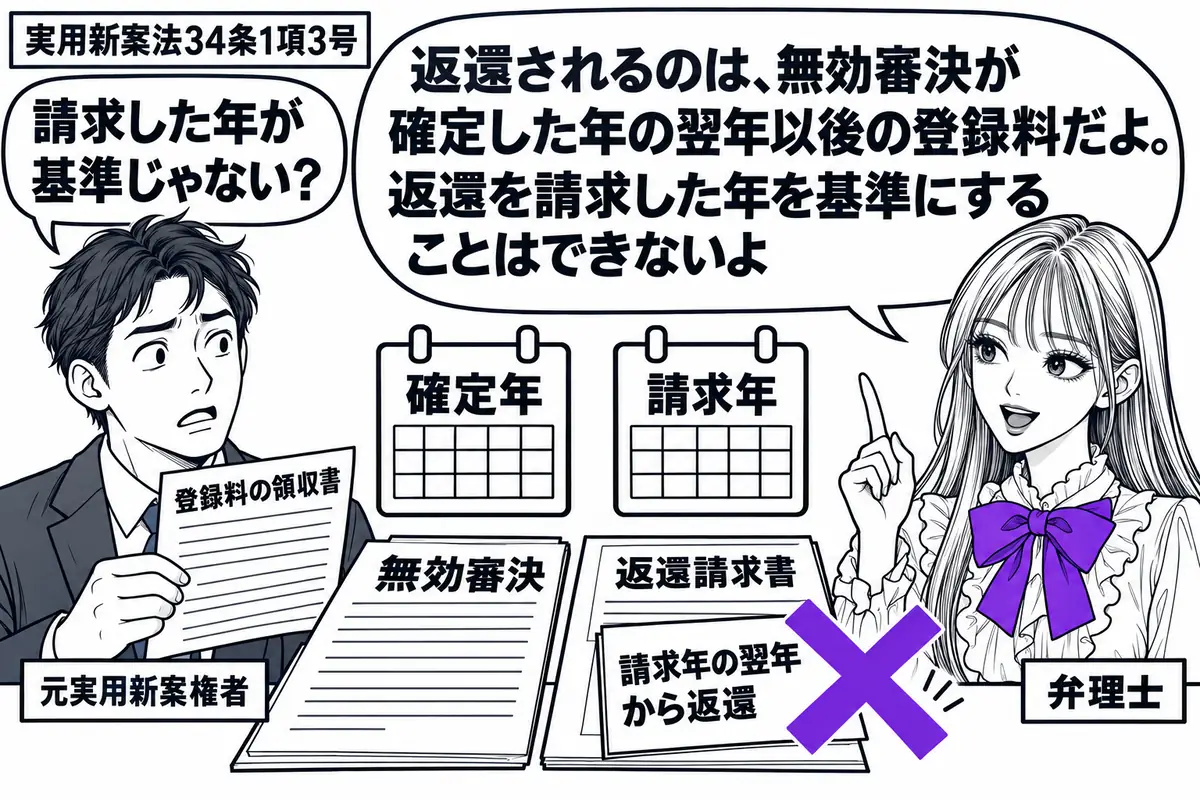先生が相談担当役(札「弁理士」)で右に座る。左に登録料の領収書を持つ男性(札「元実用新案権者」)。机に無効審決の書面と返還請求書を並べ、確定年と請求年を別々の暦で示す。請求書の「請求年の翌年から返還」の付箋にヴァイオレットの×印。先生の吹き