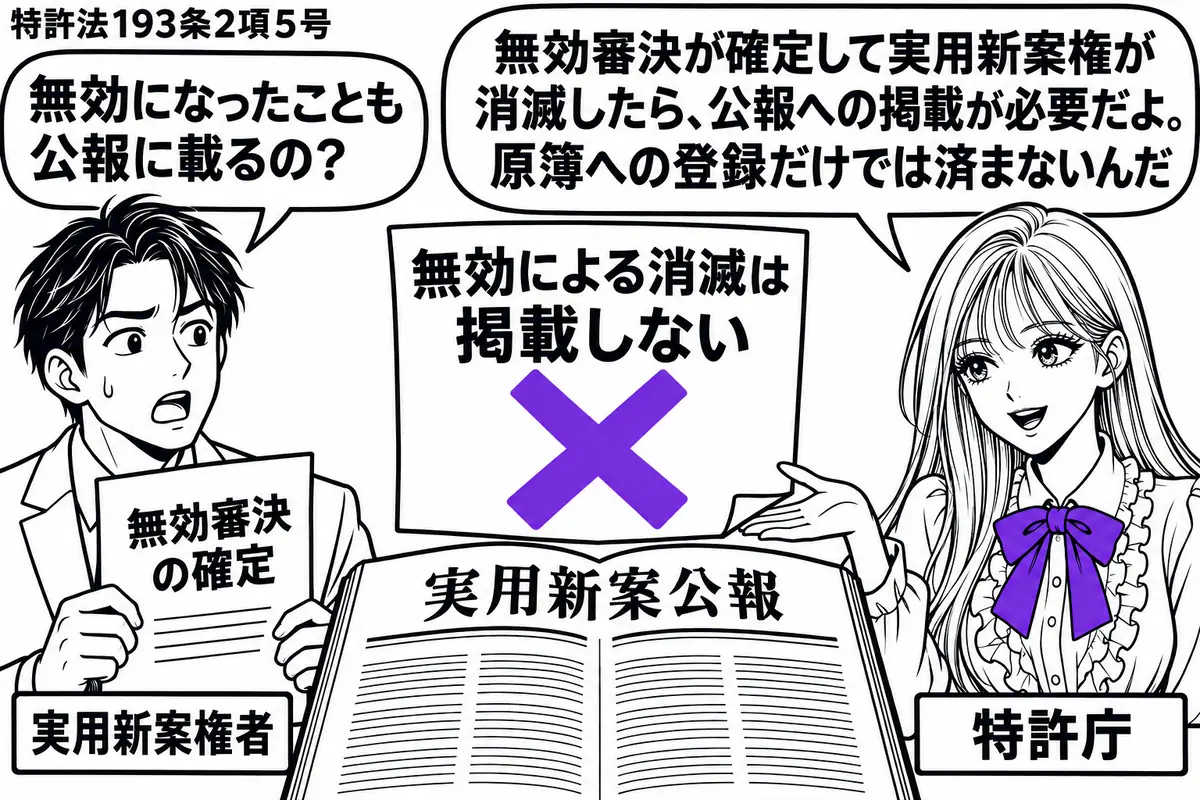 先生が右の窓口役(札「特許庁」)。左に無効審決の確定を知らせる書類を持つ男性(札「実用新案権者」)。中央に「実用新案公報」を開き、その上の付箋「無効による消滅は掲載しない」に大きなヴァイオレットの×印。先生の吹き出し「無効審決が確定して実用