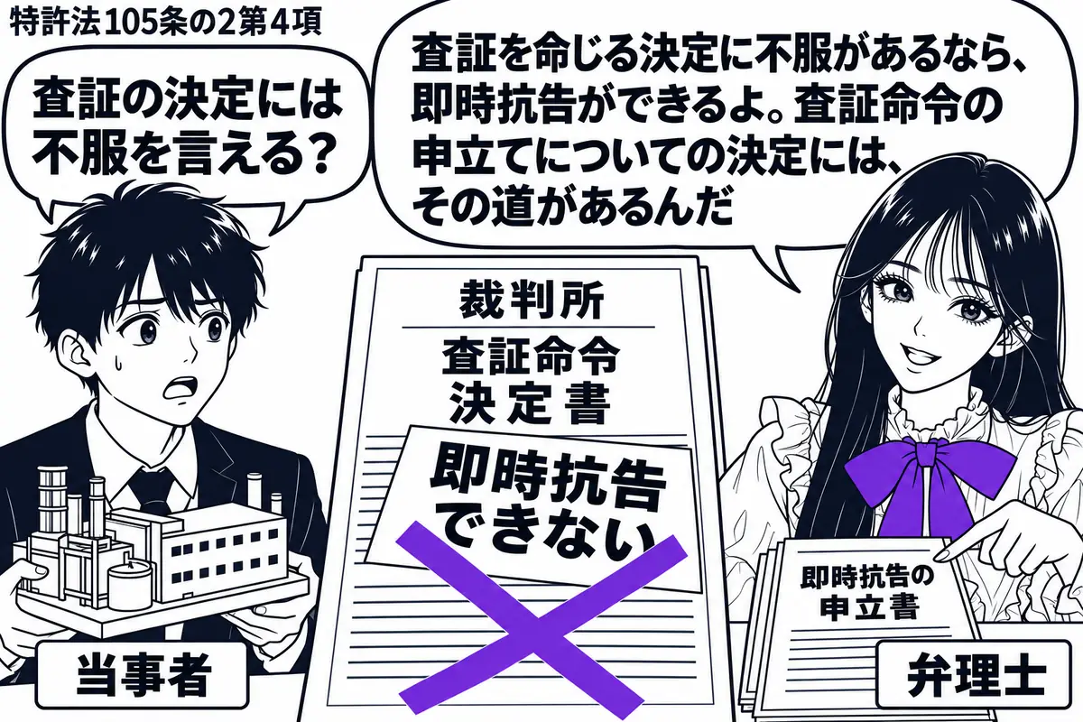 先生が右の相談机にいる弁理士役(札「弁理士」)。左に工場の模型を抱える男性(札「当事者」)。中央に裁判所から届いた査証命令の決定書を置き、その上の「即時抗告できない」の付箋に大きなヴァイオレットの×印。先生は脇に用意した即時抗告の申立書を指