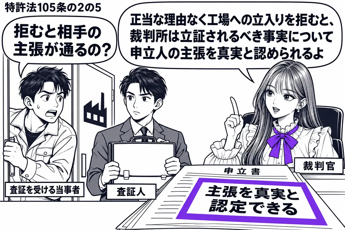 先生が裁判官役(札「裁判官」)で右に座る。左に工場の扉を押さえる男性(札「査証を受ける当事者」)、扉の前に書類かばんを持つ男性(札「査証人」)。机の申立書に貼った「主張を真実と認定できる」の付箋をヴァイオレットの枠で囲む。先生の吹き出し「正