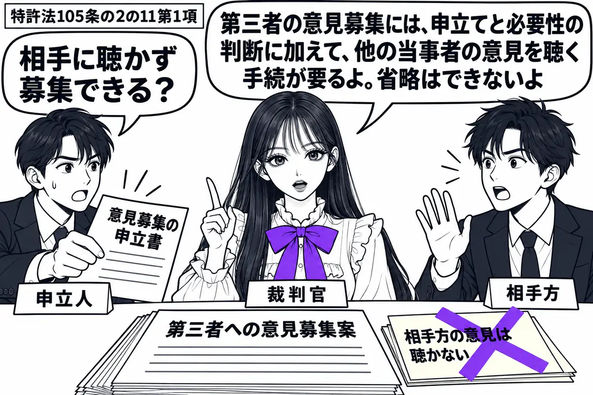 先生が裁判官役(札「裁判官」)で中央に座る。左に意見募集の申立書を出す男性(札「申立人」)、右に話そうと手を上げる男性(札「相手方」)。机に第三者への意見募集案を置き、「相手方の意見は聴かない」の付箋にヴァイオレットの×印。先生の吹き出し「