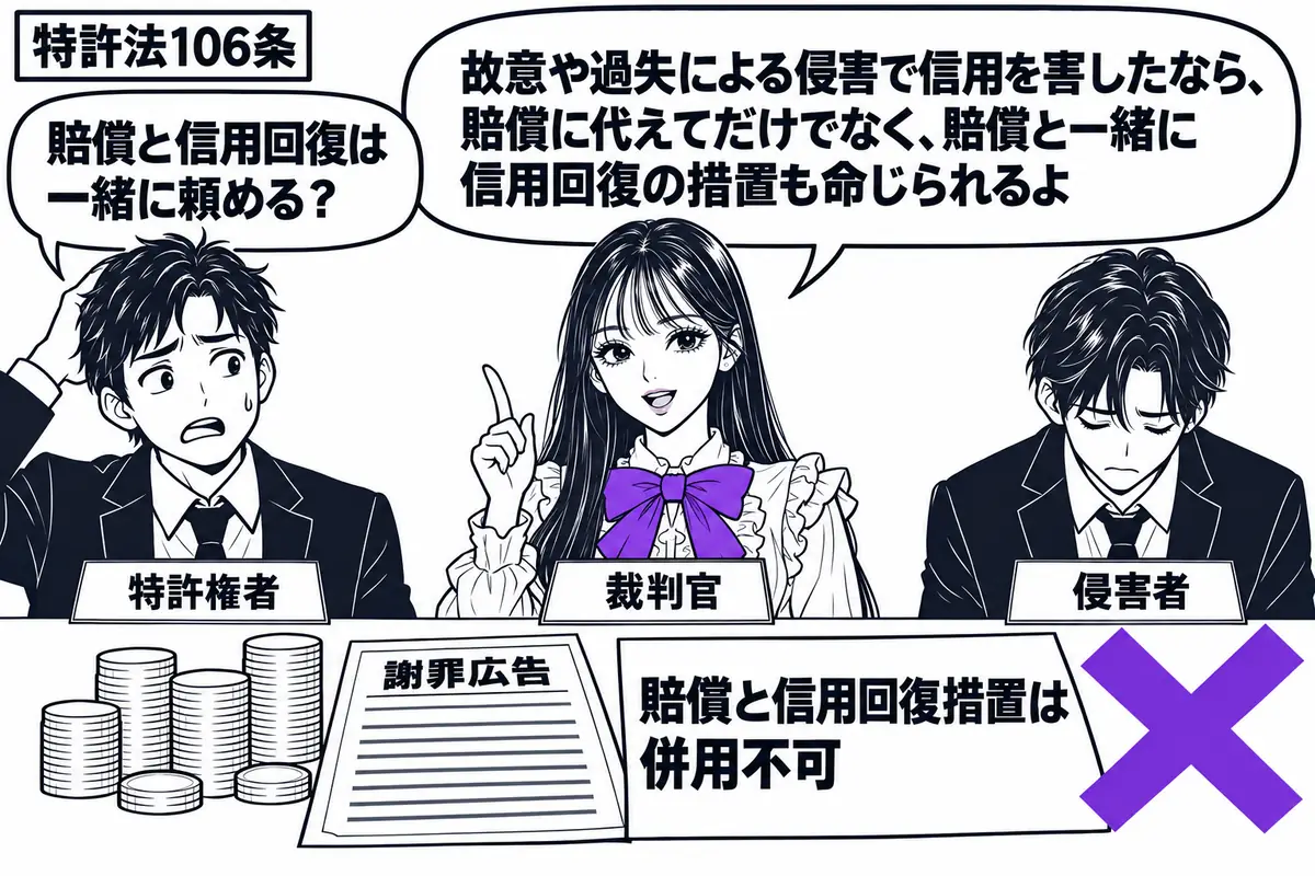 先生が中央の法廷にいる裁判官役(札「裁判官」)。左に信用を傷つけられた男性(札「特許権者」)、右にうつむく男性(札「侵害者」)。机には賠償金を表す硬貨と謝罪広告の見本を並べ、「賠償と信用回復措置は併用不可」の付箋にヴァイオレットの×印。先生