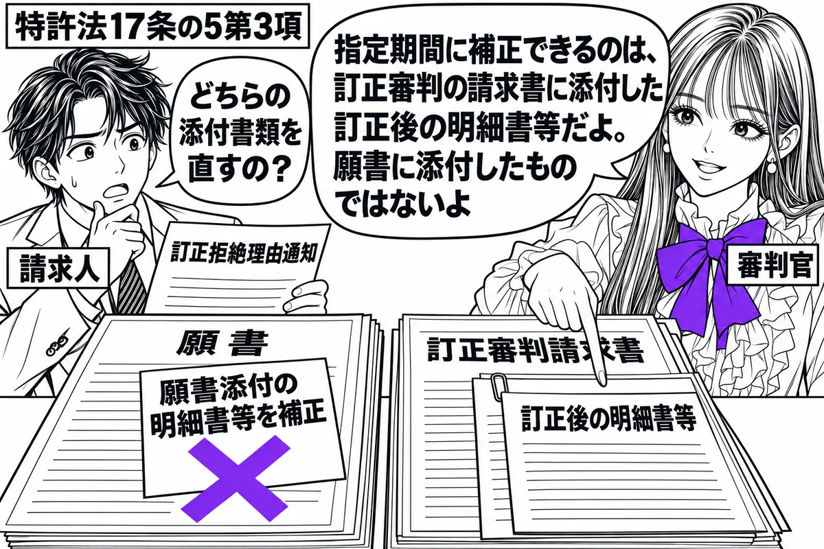 先生が審判官役(札「審判官」)で右側。左の請求人(札「請求人」)が訂正拒絶理由通知を手に、机の二組の書類を見比べている。願書側の付箋「願書添付の明細書等を補正」にヴァイオレットの×印。先生は訂正審判請求書に添付された訂正後の書類を指す。先生