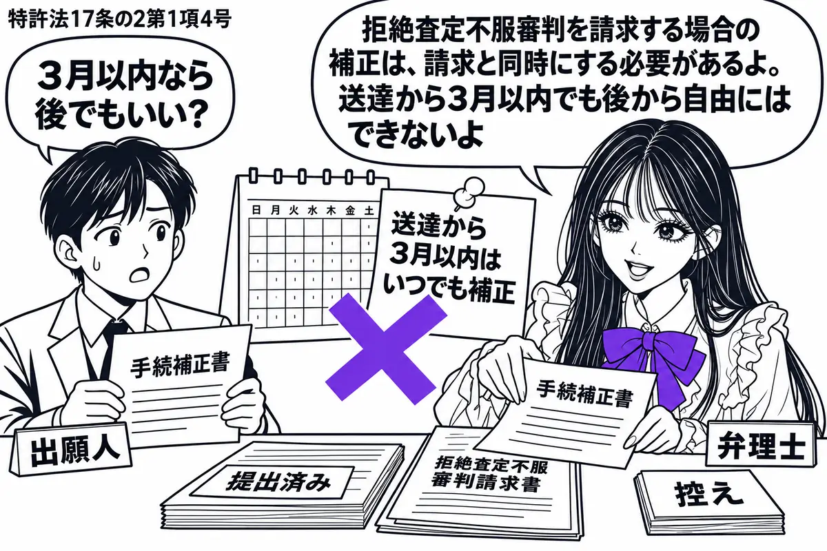 先生が弁理士役(札「弁理士」)で右側。左の出願人(札「出願人」)が手続補正書を持ち、机には提出済みの拒絶査定不服審判請求書の控え。カレンダーの横の付箋「送達から3月以内はいつでも補正」にヴァイオレットの×印。先生は請求書と補正書を重ねる仕草