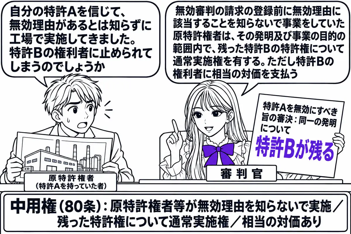 特許庁の審判廷の場面。先生が審判官役（札「審判官」）で壇上に座り、手元に「特許Aを無効にすべき旨の審決：同一の発明について特許Bが残る」と書かれた審決書を置いている。前に男性（札「原特許権者（特許Aを持っていた者）」）が立ち、工場の図面を抱