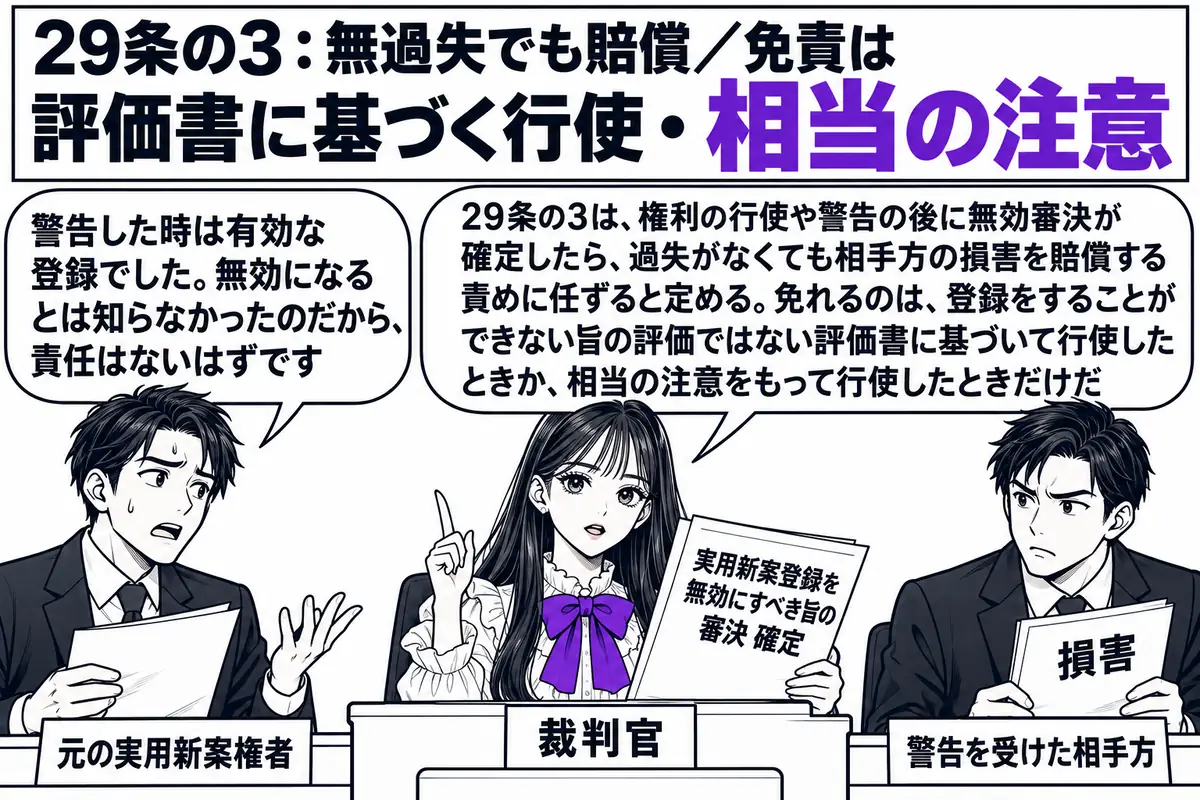 裁判所の法廷の場面。先生が裁判官役（札「裁判官」）で法壇に座り、「実用新案登録を無効にすべき旨の審決 確定」と書かれた書面を手にしている。左の原告席に男性（札「元の実用新案権者」）が立ち、吹き出し「警告した時は有効な登録でした。無効になると