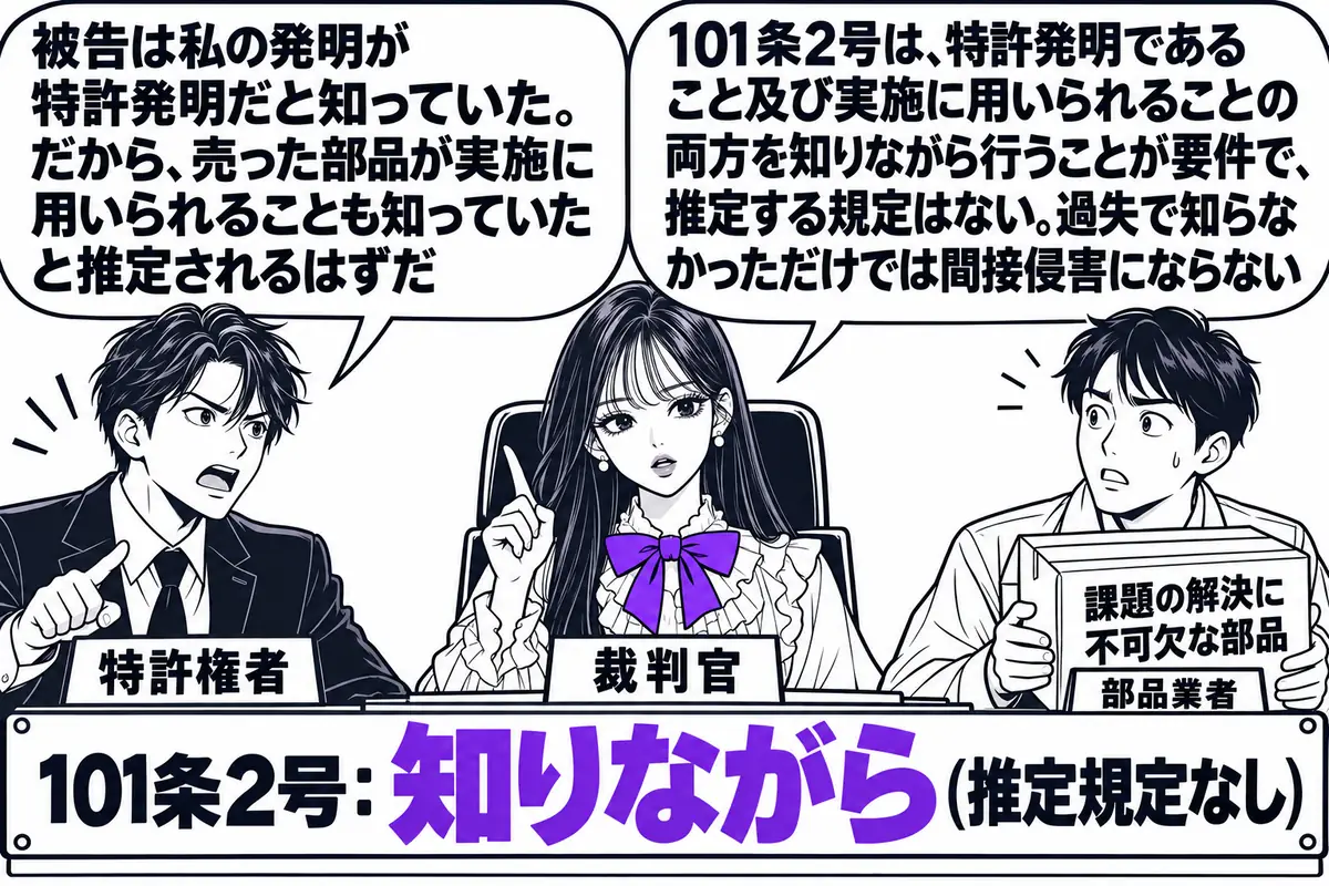 裁判所の法廷の場面。先生が裁判官役（札「裁判官」）で法壇に座る。原告席に特許権者の男性（札「特許権者」）が立ち、吹き出し「被告は私の発明が特許発明だと知っていた。だから、売った部品が実施に用いられることも知っていたと推定されるはずだ」。被告