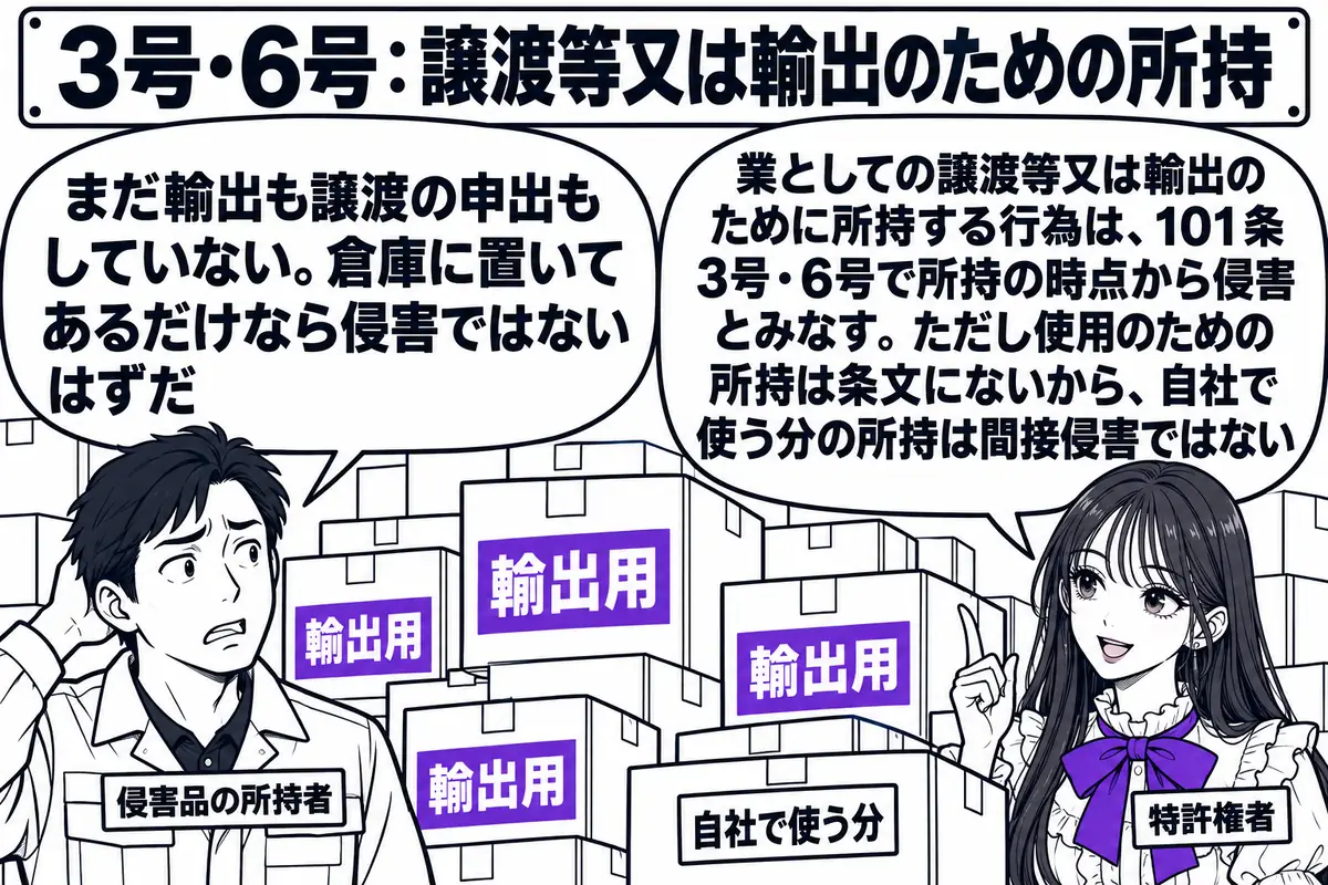 港の倉庫の場面。先生が特許権者役（札「特許権者」）で立ち、倉庫の中に「輸出用」と札の付いた段ボール箱が積まれ、別の隅に「自社で使う分」と札の付いた箱がある。倉庫の主の男性（札「侵害品の所持者」）が吹き出し「まだ輸出も譲渡の申出もしていない。