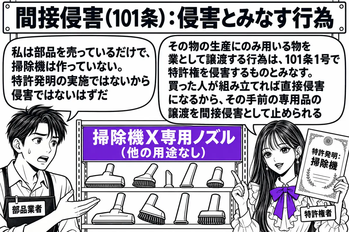 町の部品工場の店先の場面。先生が特許権者役（札「特許権者」）で立ち、手に「特許発明：掃除機」と書かれた特許証を持っている。店先の棚に「掃除機X専用ノズル（他の用途なし）」と書かれた札付きの部品が並び、店主の男性（札「部品業者」）が吹き出し「