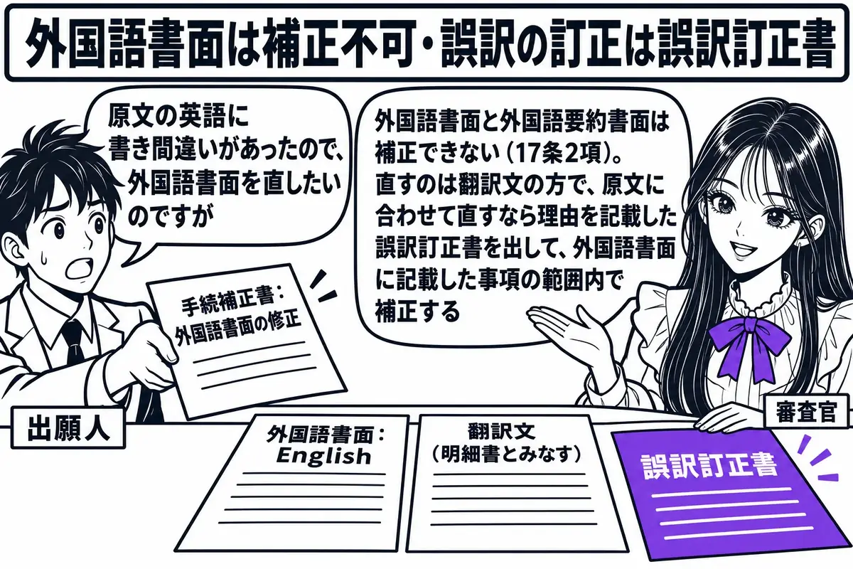 特許庁の窓口の場面。先生が審査官役（札「審査官」）でカウンターの内側に座り、「外国語書面：English」と書かれた原文の書類と「翻訳文（明細書とみなす）」と書かれた書類を左右に並べている。カウンターの外に出願人の男性（札「出願人」）が「手