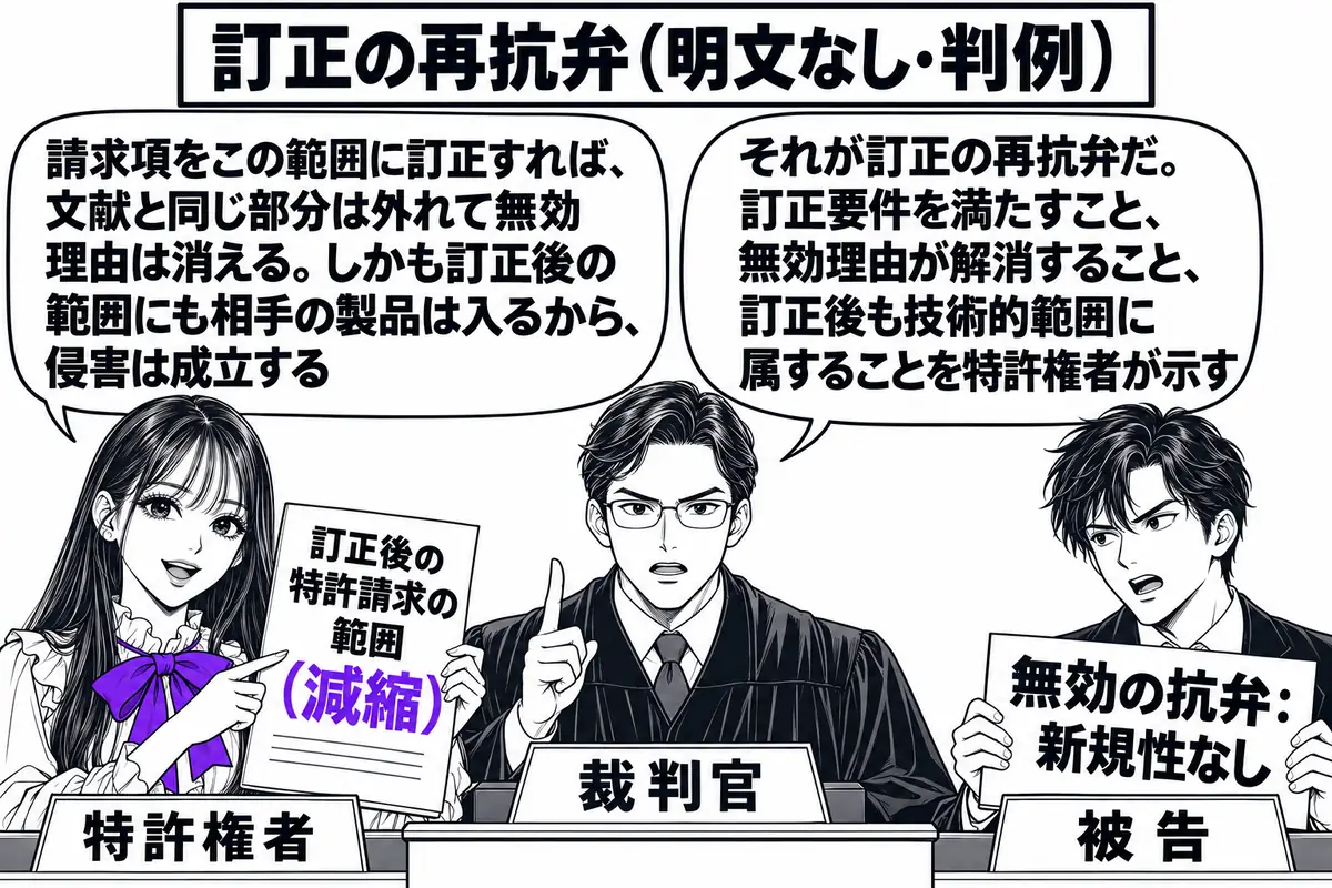 裁判所の法廷の場面。先生が特許権者役（札「特許権者」）で原告席に立ち、手に「訂正後の特許請求の範囲（減縮）」と書かれた書面を持つ。被告席の男性（札「被告」）が「無効の抗弁：新規性なし」と書かれた札を掲げている。先生の吹き出し「請求項をこの範