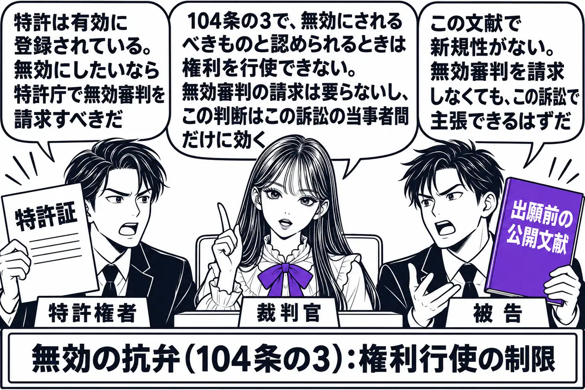 裁判所の法廷の場面。先生が裁判官役（札「裁判官」）で法壇に座る。原告席に特許権者の男性（札「特許権者」）が「特許証」を掲げ、吹き出し「特許は有効に登録されている。無効にしたいなら特許庁で無効審判を請求すべきだ」。被告席に被告の男性（札「被告