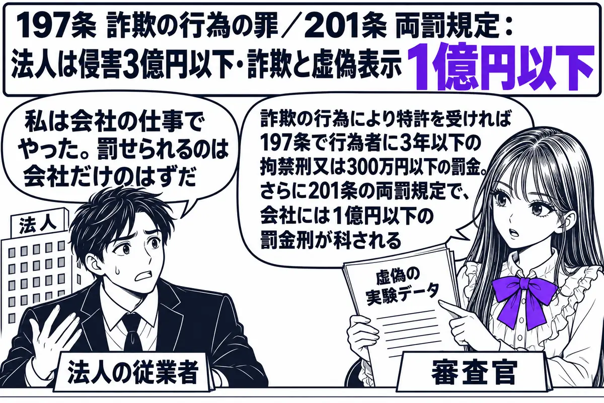 特許庁の審査室の場面。先生が審査官役（札「審査官」）で机に座り、「虚偽の実験データ」と書かれた書類を手にしている。向かいに会社員の男性（札「法人の従業者」）が立ち、その後ろに会社のビルの絵と札「法人」。従業者の吹き出し「私は会社の仕事でやっ