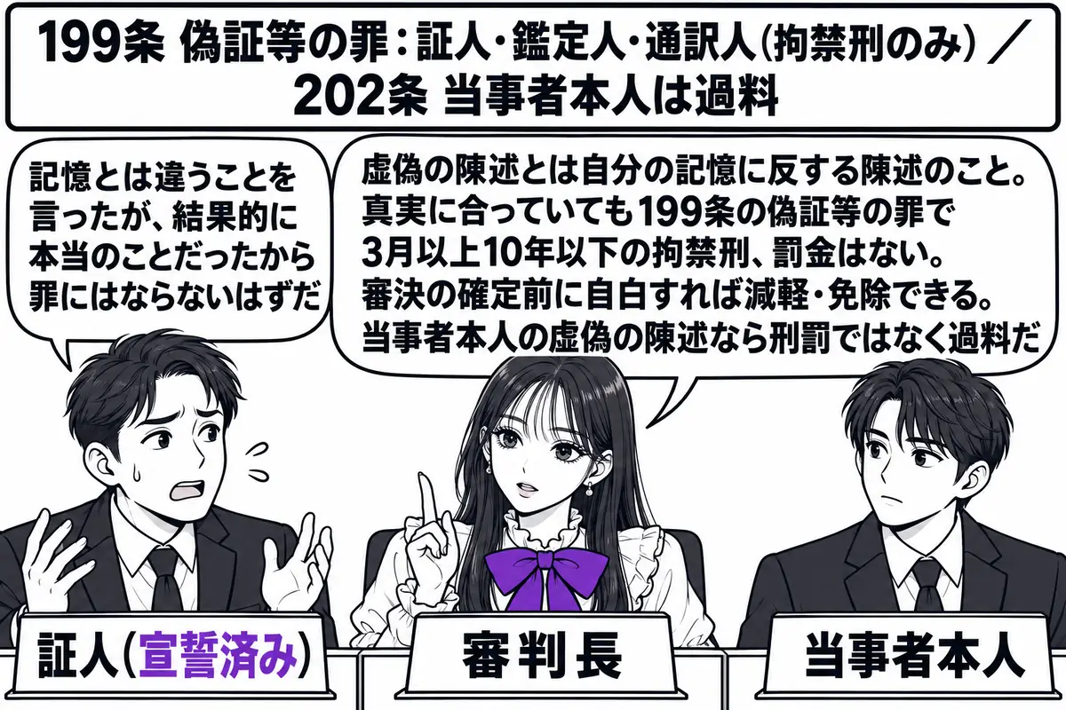特許庁の審判廷の場面。先生が審判長役（札「審判長」）で中央に座る。証言台に宣誓した証人の男性（札「証人（宣誓済み）」）が立ち、吹き出し「記憶とは違うことを言ったが、結果的に本当のことだったから罪にはならないはずだ」。その隣に当事者席の男性（