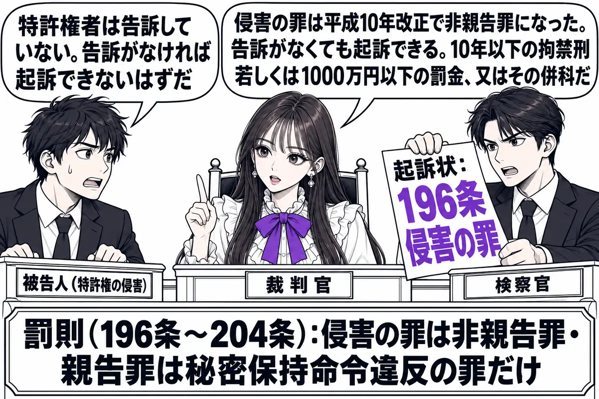刑事裁判の法廷の場面。先生が裁判官役（札「裁判官」）で法壇に座る。被告人席に侵害品を作っていた男性（札「被告人（特許権の侵害）」）が立ち、吹き出し「特許権者は告訴していない。告訴がなければ起訴できないはずだ」。検察官席に検察官の男性（札「検
