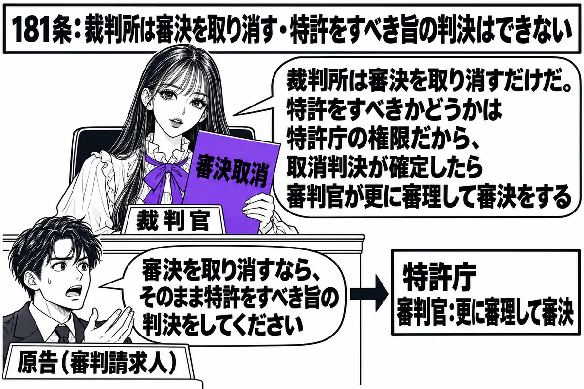 裁判所の法廷の場面。先生が裁判官役（札「裁判官」）で高い席に座り、手元に「審決取消」と書かれた判決書がある。法廷の下に出願人の男性（札「原告（審判請求人）」）が立ち、吹き出し「審決を取り消すなら、そのまま特許をすべき旨の判決をしてください」