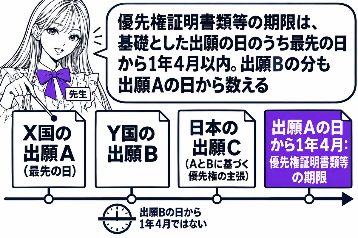 横軸の時系列を中心にした図。先生が先生役（札「先生」）で横軸の上に立ち、指し棒で一本目の札を示している。横軸の左から順に札「X国の出願A（最先の日）」「Y国の出願B」「日本の出願C（AとBに基づく優先権の主張）」「出願Aの日から1年4月：優